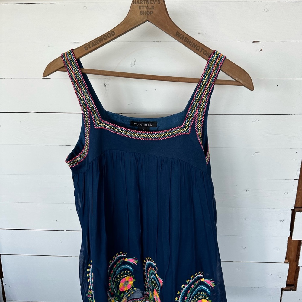 Anthropologie Navy Camisole with Colorful Embroidery